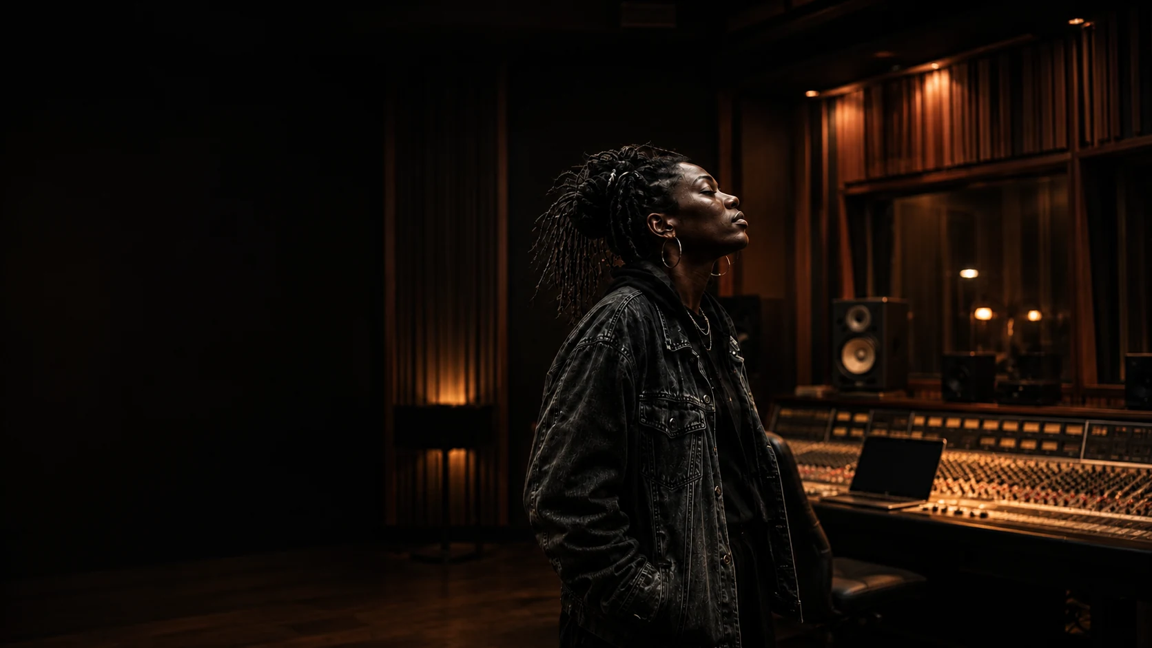 An artist listens in a recording studio beside a large mixing console.